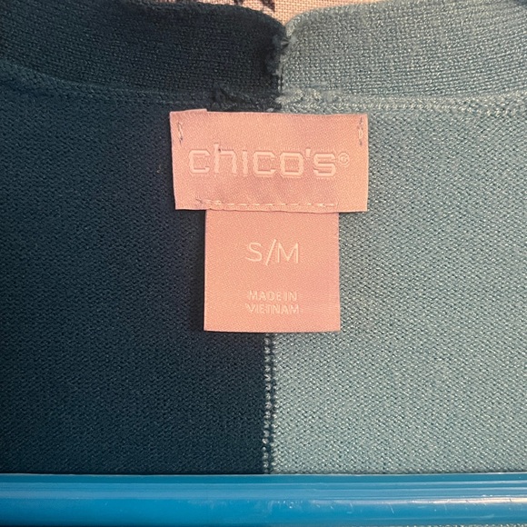 Chico's Women's Colorblock Teal and Light Blue Open Cardigan Sweater - Picture 4 of 6